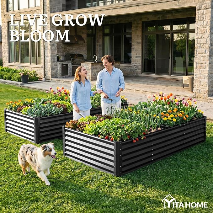 YITAHOME 8x4x1.5ft Large Raised Garden Bed Kit, Galvanized Metal Planter Box with Gloves, Ground Nails & Safety Rubber, Outdoor Above Ground Planters for Plants Vegetables Flowers, Black