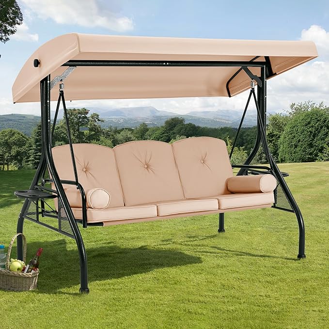 HOMREST 3 Seat Outdoor Porch Swing with Adjustable Canopy, Convertible Patio Swing Bed with Stand, Patio Glider Swing with Upgraded Cup Holder, Thicken Cushions ＆ Pillow for Backyard(Khaki)