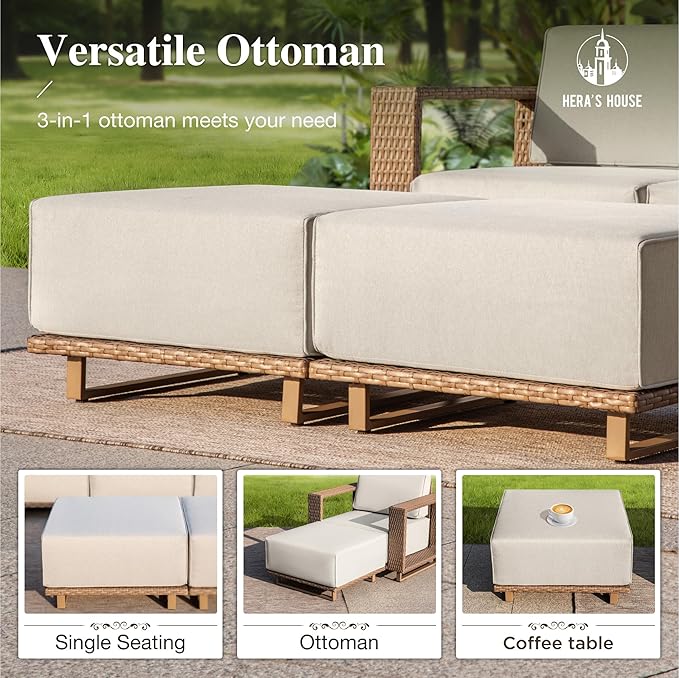 HERA'S HOUSE 4 Pieces Patio Furniture Set, 2 Outdoor Rattan Wicker Armchairs Set with 2 Ottomans, All Weather Patio Conversation Set with 5.3" Widened Armrest, 10" Ultra Thick Comfy Sponge Cushion