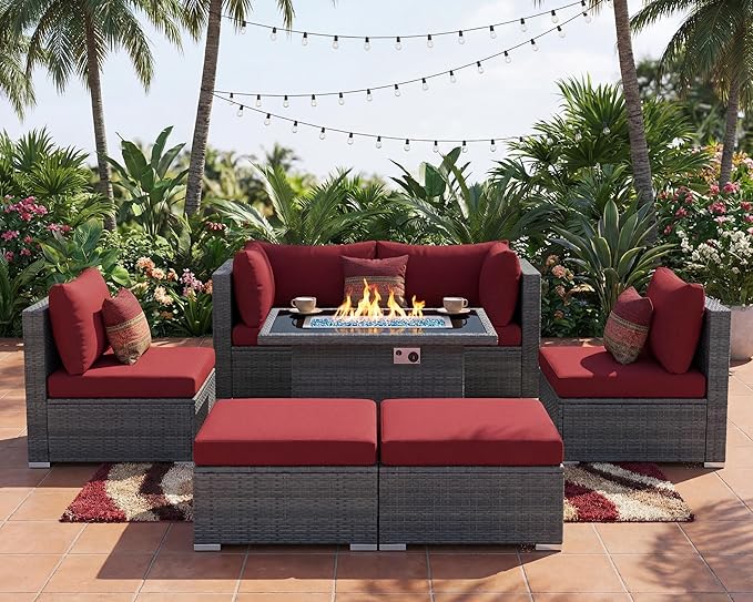 NICESOUL 7 Piece Oversized Patio Furniture Sofa Set with Fire Pit Table Propane Natural Gas Convertible, 29.3'' High Back Sturdy Outdoor Conversation for Heavy People, 2 Color Cushion Wine & Gray