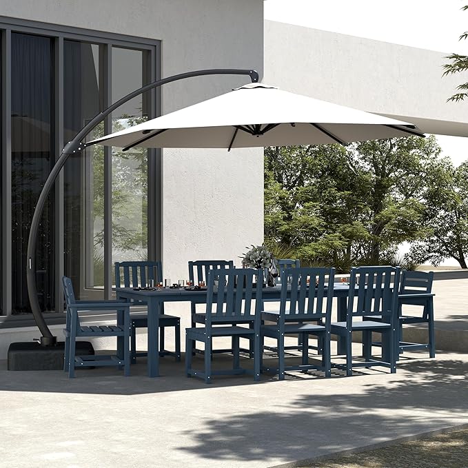 Navy Blue 9-Piece Outdoor Dining Set with Beige 11FT Cantilever Umbrella, 75.2'' HDPE Table & Chairs for 8, Weather-Resistant Furniture with Umbrella Hole for Patio, Lawn, Poolside