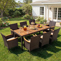 Devoko Outdoor Patio Dining Sets 9 Pieces Wicker Outdoor Dining Table and Chairs Set with Acacia Wood Table Top and Widened Armrests for Backyard, Garden, Deck (Brown)