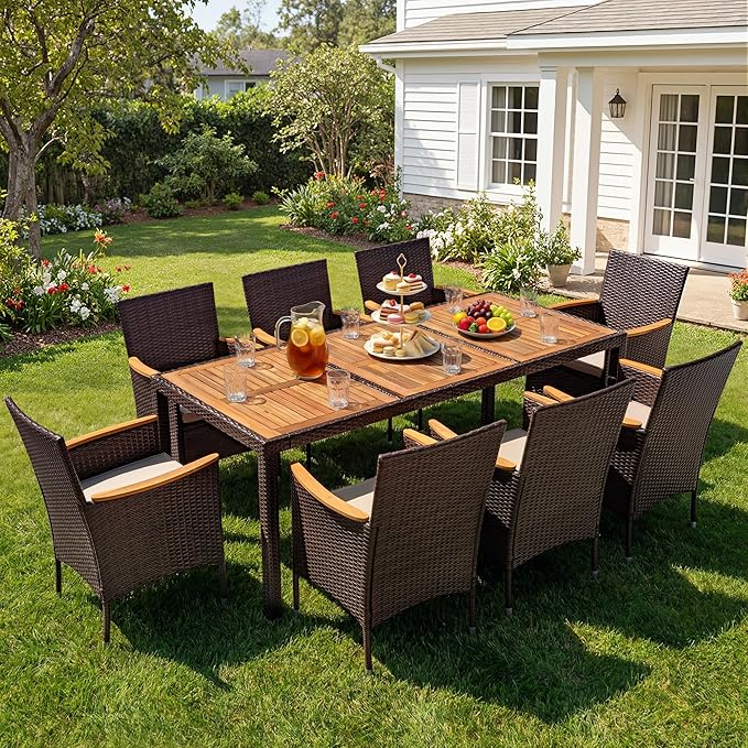 Devoko Outdoor Patio Dining Sets 9 Pieces Wicker Outdoor Dining Table and Chairs Set with Acacia Wood Table Top and Widened Armrests for Backyard, Garden, Deck (Brown)