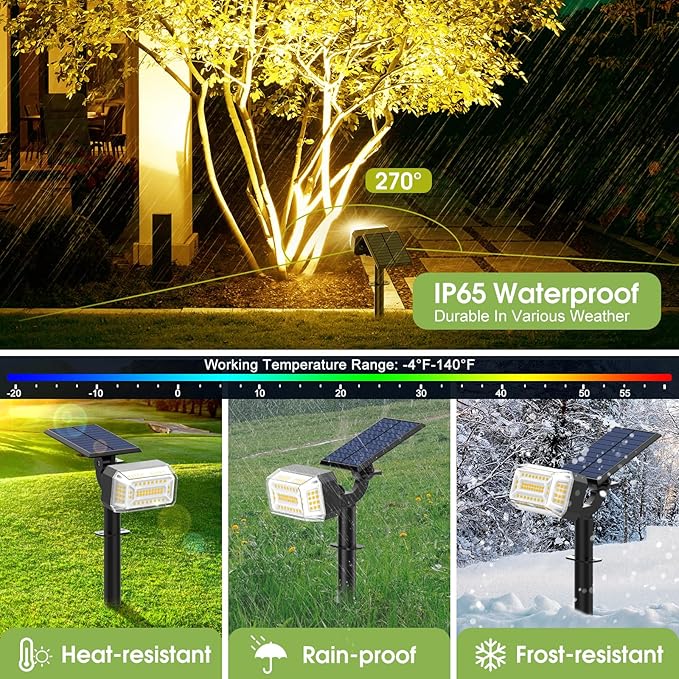 Solar Spot Lights Outdoor, 102 LED Solar Garden Yard Spotlight Waterproof Landscape Flood Powered Lights with Adjustable Light & Panel, 4 Lighting Modes for Pathway Driveway, 4 Pack(Warm White)
