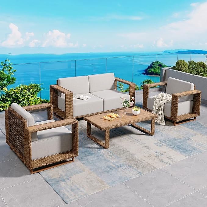 5 Pieces Patio Furniture Set,Outdoor Rattan Wicker Conversation Set with 10''Ultra-Thick Cushions,All Weather Patio Conversation Set for Lawn Garden Backyard,Beige