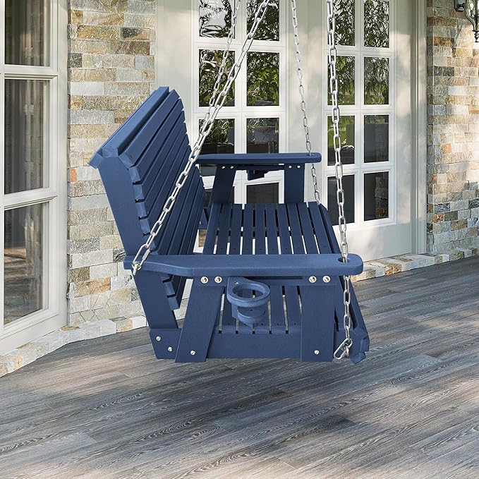 HDPE Porch Swing with 18/8 Stainless Steel Bolts, Ergonomic Design, Ultra Weather-Resistant, Heavy Duty 1200 LBS, for Outdoor Patio Garden Yard (Navy Blue)
