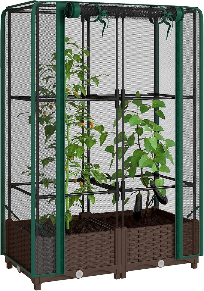 Outsunny Raised Garden Bed with Trellis, 46.5" Tomato Cage with Crop Cage, Self Watering Planter Box with Drainage Holes and Plugs for Outdoor Patio Climbing Plants, Vines, Vegetables, Flowers, Green