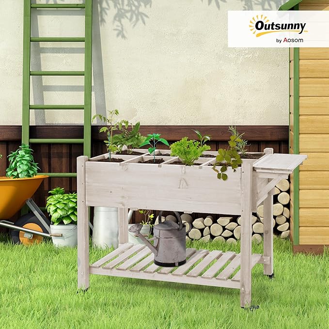 Outsunny Raised Garden Bed with 8 Grow Grids, Wooden Outdoor Plant Box Stand with Folding Side Table and Wheels, 49" x 21" x 34", for Vegetables, Flowers, Herbs, Natural