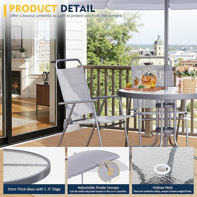 Shintenchi 6 Piece Patio Dining Set with Umbrella, Outdoor Furniture Set with 4 Folding Chairs and Tempered Glass Top Dining Table fot Lawn Backyard Garden Porch, Silver