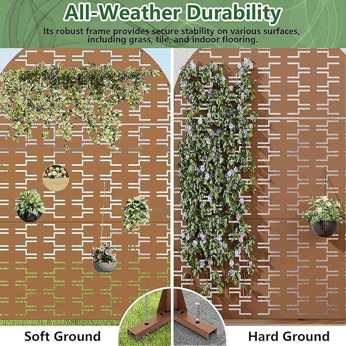 Casaphoria Metal Arched Privacy Screen Outdoor, 72" H x 47" W Freestanding Decorative Privacy Screen for Patio Deck Balcony Garden with Stable Base, Brown-Brick