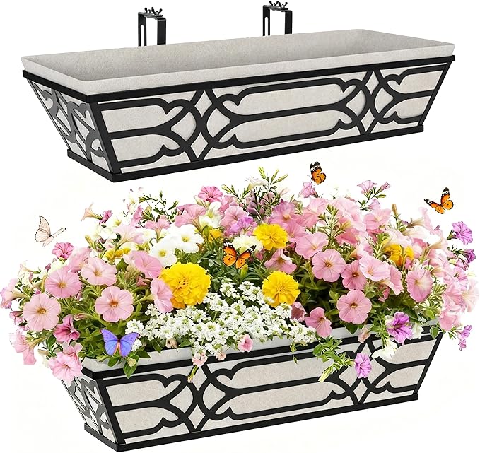2 Pack 24 Inch Railing Boxes Planter for Outdoor Plants Adjustable Brackets for Porch Fence and Balcony Window Planter Box with Non-Woven Fabric Liner for Hanging Flower Baskets (2, Black)