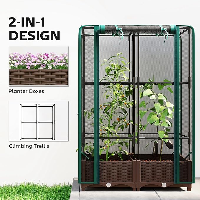 Outsunny Raised Garden Bed with Trellis, 46.5" Tomato Cage with Crop Cage, Self Watering Planter Box with Drainage Holes and Plugs for Outdoor Patio Climbing Plants, Vines, Vegetables, Flowers, Green