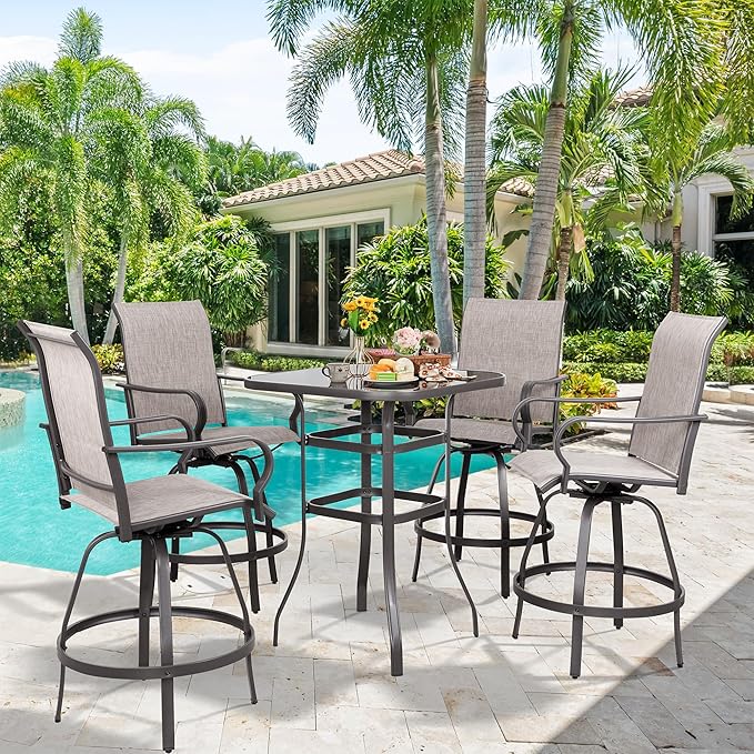 Vongrasig 5 Piece Patio Swivel Bar Set, All Weather Mental Textilene High Swivel Bar Stools Chair Set of 4 and Glass Bar Table, Outdoor High Top Bistro Set for Lawn Garden, Balcony, Taupe