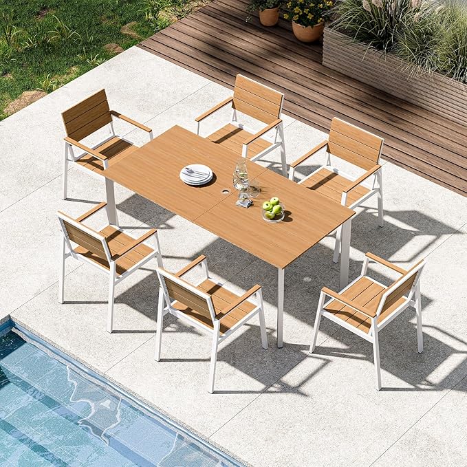 Outdoor Patio Dining Set for 6, Aluminum 7 Piece HDPS Patio Table and Chairs Set with Umbrella Hole, Modern Patio Furniture Set, Patio Dining Table & 6 Chairs (White & Teak)