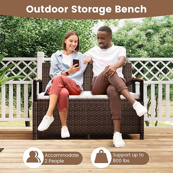 RELAX4LIFE Wicker Outdoor Storage Bench - Rattan Deck Box w/Protective Liner for Patio Furniture Pillows, Pool Supplies & Garden Tools, Porch Loveseat with Seat Cushion, Acacia Wood Armrests