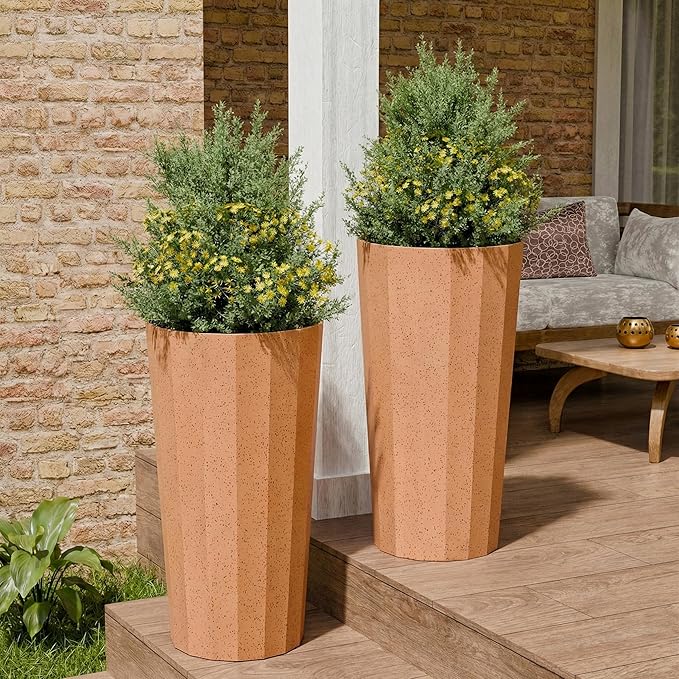 23.6" H Tall Planters for Outdoor Plants, 2 Pack Large Outdoor Planters for Porch Decor with Automatic Drainage Hole, Plastic Stripe Design Flower Pots Fits Indoor Plants Patio Garden, Black