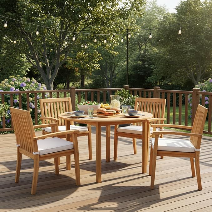 Tangkula 44" Round Outdoor Dining Table for 4, Acacia Wood 4-Person Large Patio Dining Table, Farmhouse Indoor Outdoor Dining Furniture for Deck, Garden, Poolside & Backyard
