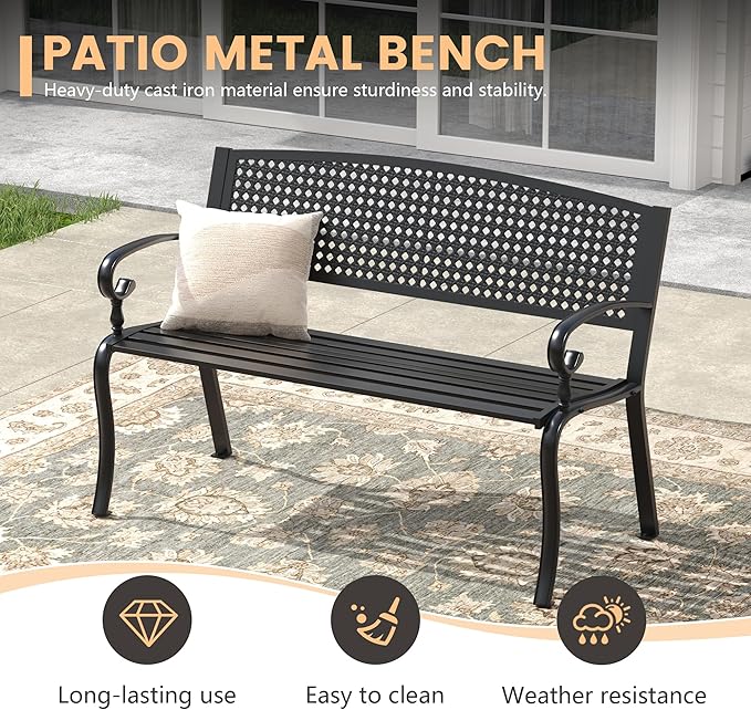 Outdoor Bench, 50.4" Patio Metal Frame Garden Bench with Backrest and Curved Armrests for Lawn Backyard, Black