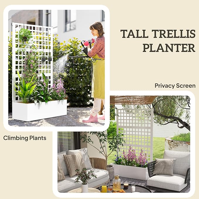 Outsunny Galvanized Raised Garden Bed with Trellis, Metal Planter Box with Drainage Holes, Outdoor Privacy Screen for Climbing Plants, Vegetable, Vines, 43" x 16" x 70", White