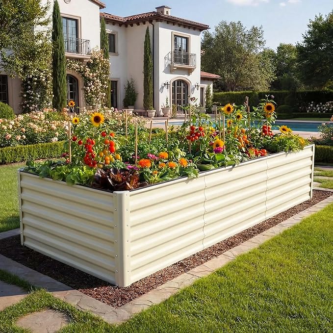 YITAHOME 8x4x2ft 2pcs Large Raised Garden Bed Kit, Galvanized Metal Planter Box with Gloves & Safety Rubber, Outdoor Above Ground Planters for Plants Vegetables Flowers, Cream Yellow