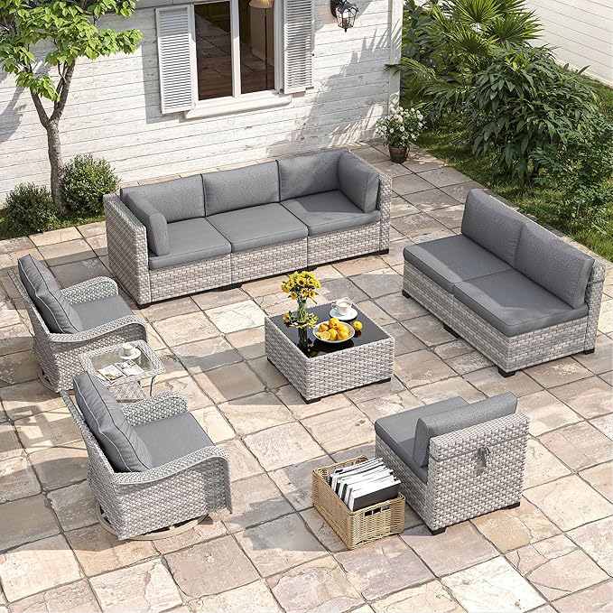 8-Seat Modern Patio Furniture Set with Swivel Rocking Chairs, Thick 4″ Cushions, Dual-Strand Wicker Rattan, Rust-Resistant Steel Frame – Outdoor Conversation & Modular Sectional,Black