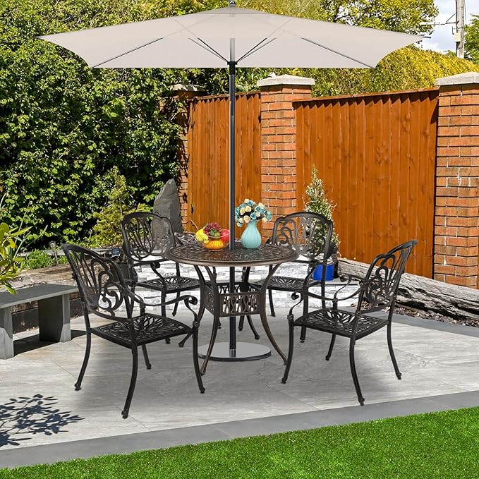 VINGLI 5 Pieces Outdoor Patio Dining Set, Cast Aluminium Patio Furniture Set with 4 Chairs and 1 Umbrella Table for Yard, Garden, Porch and Poolside, Bronze