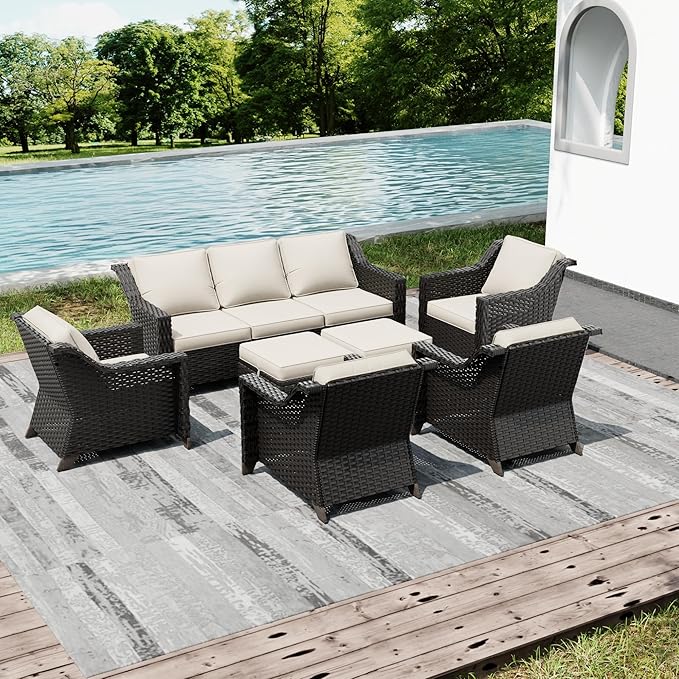Joyside Wicker Patio Furniture Sets, 7 Pieces Upgraded Large Size Outdoor Furniture with 4 Swivel Rocking Patio Chairs, 3-Seat Sofa, Outdoor Ottoman, Thick Cushions, Wide Armrest, Beige