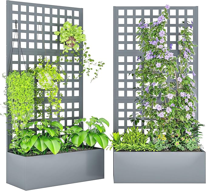 Outsunny Galvanized Raised Garden Bed with Trellis, Metal Planter Box with Drainage Holes, Outdoor Privacy Screen for Climbing Plants, Vegetable, Vines, 35" x 16" x 70", 2 Pack, Gray Wood Effect