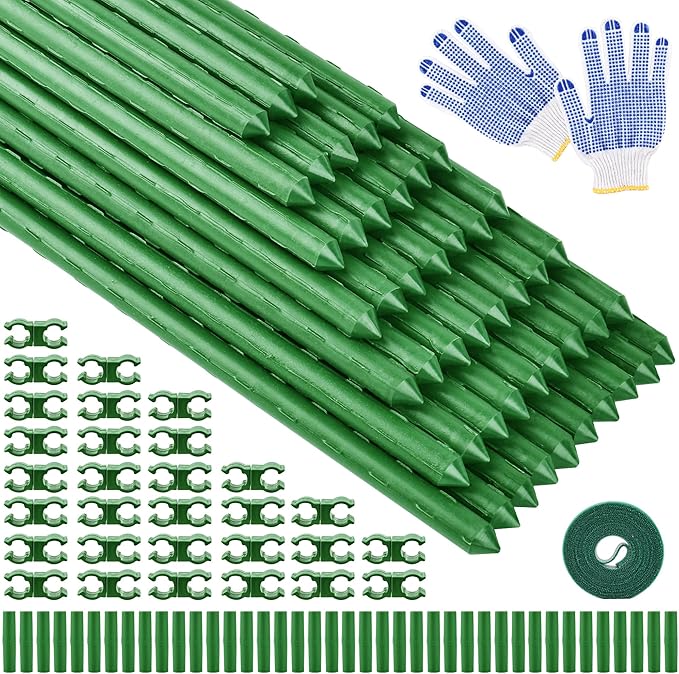 WAENLIR 16 Inch 48 Pack Extendable Garden Stakes Kit, DIY 4ft 5ft 6ft 7ft 8ft Plant Support Stakes with Connectors and Clips, Plastic Coated Metal Sticks for Tomato Indoor Outdoor
