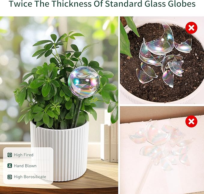 Extra-Thick Clear Glass Plant Watering Globes, Rainbow Gradient Self Watering Globes, Automatic Plant Waterer, Self Watering Planter Insert Spikes Devices for Everyday or Vacation Use, 2-Pack