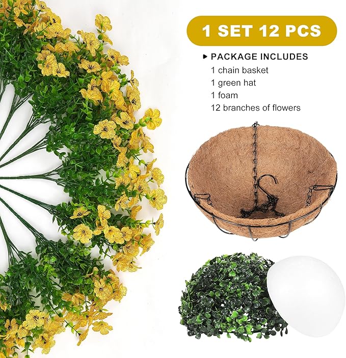 Artificial Faux Hanging Mums Plants Flowers Basket for Outdoors Summer Autumn Decoration,Hanging Planters with Fake Silk Daisy UV Resistant Realistic for Outside Porch Patio Balcony Garden Home Yellow