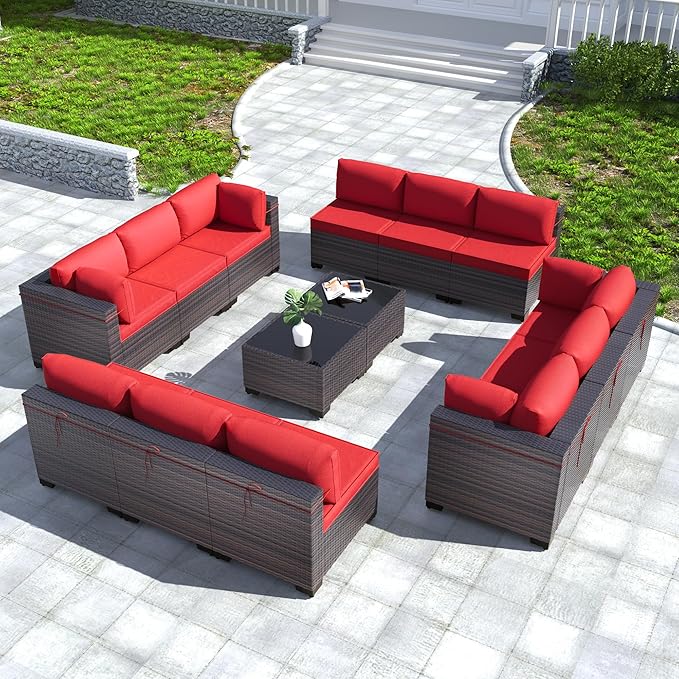 Kullavik 14 Pieces Outdoor Patio Furniture Set PE Wicker Rattan Sectional Sofa Patio Conversation Sets,Red