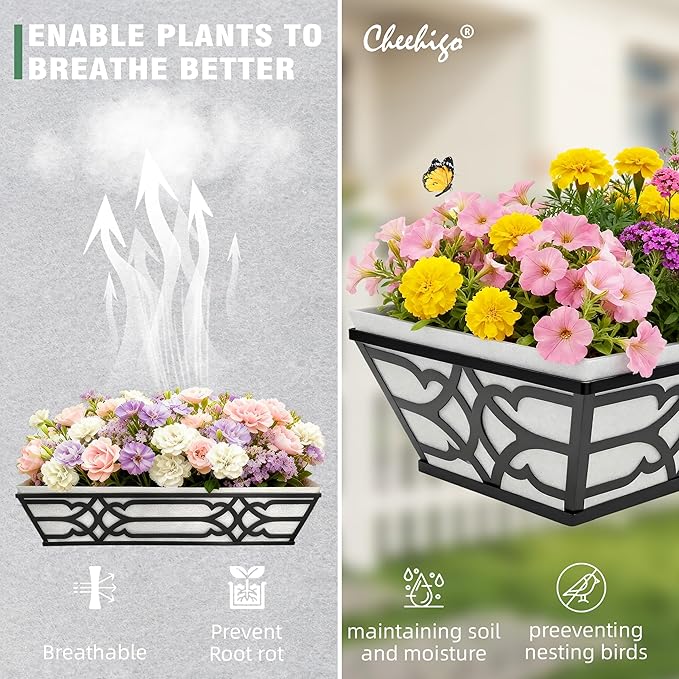 4 Pack 24 Inch Railing Boxes Planter for Outdoor Plants Adjustable Brackets for Porch Fence and Balcony Window Planter Box with Non-Woven Fabric Liner for Hanging Flower Baskets