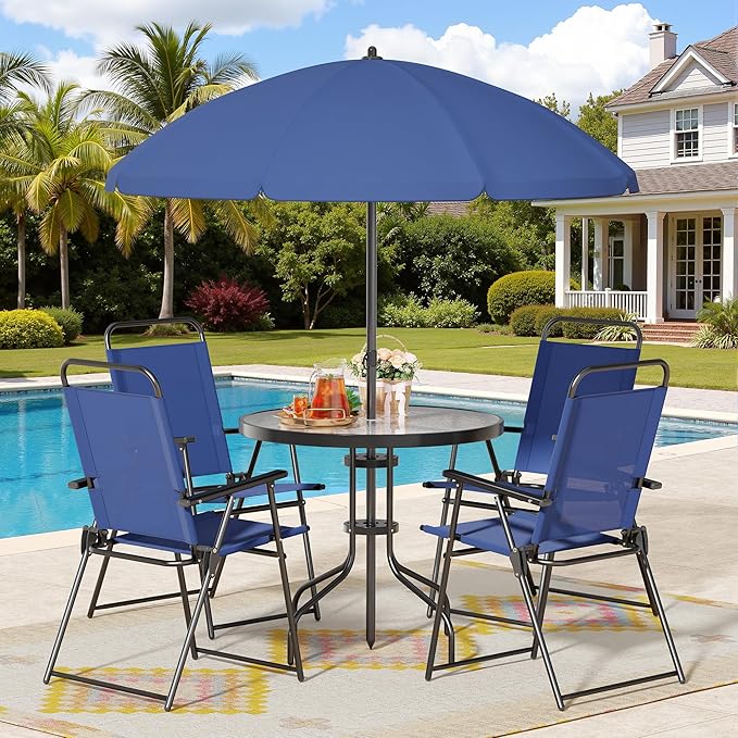 Shintenchi 6 Piece Patio Dining Set with Umbrella, Outdoor Furniture Set with 4 Folding Chairs and Tempered Glass Top Dining Table fot Lawn Backyard Garden Porch Blue