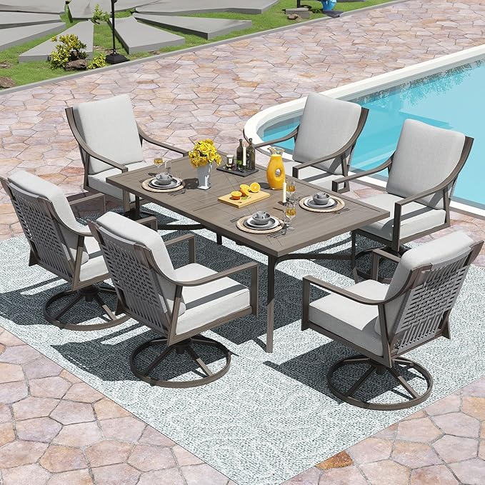 NATURAL EXPRESSIONS 7 Piece Patio Dining Table Outdoor Furniture Set for 6, 6Pcs Swivel Patio Dining Chairs with Olefin Cushions, 65”Large Dining Table with Umbrella Hole