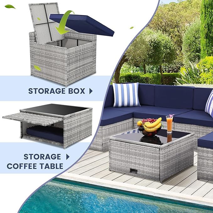 8-Piece Patio Furniture Set, Outdoor Wicker Rattan Sectional with Thick Cushions, Glass Top Table with Hidden Storage, Outdoor Conversation Set for Backyard, Porch, Patio, Blue
