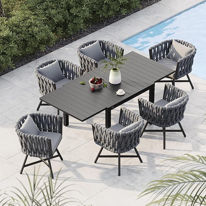 Grand patio 7-Piece Outdoor Dining Set for 6, Patio Dining Furniture Set for 6 Swivel Rope Wicker Chairs & 1 Expandable Rectangular Dining Table, Dark Gray