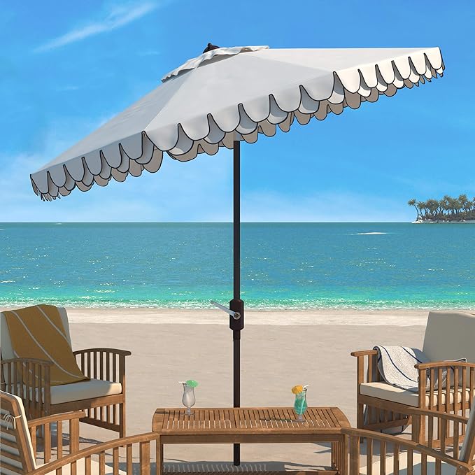 SAFAVIEH 9ft Outdoor Patio Umbrella, Round, Valance, Ivory & Navy Trim, Auto Crank Tilt, UV Resistant for Deck, Backyard, Poolside (PAT8006F)