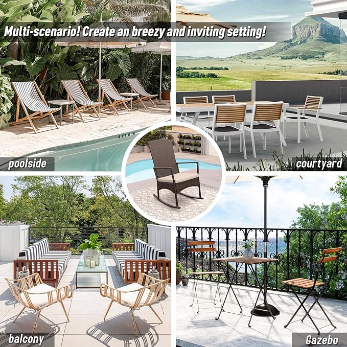 Outdoor Rocking Chair 3 Pieces High-Backed Rocking Chair Patio Rocking Chairs Outdoor Table, Khaki