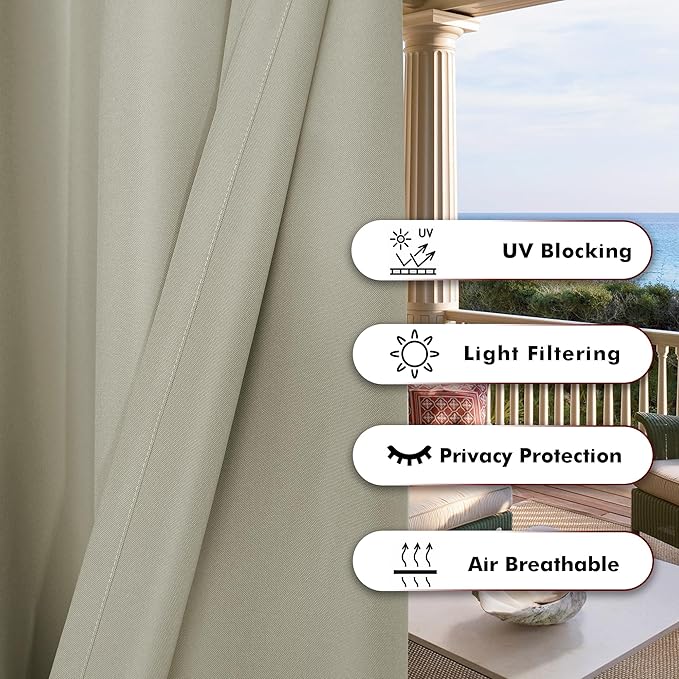 BONZER Outdoor Waterproof Curtains for Patio Privacy Grommet Light Filtering Outside Curtains for Gazebo, Porch, Pergola, Pavilion, 1 Panel, 84W x 84L inch, Taupe