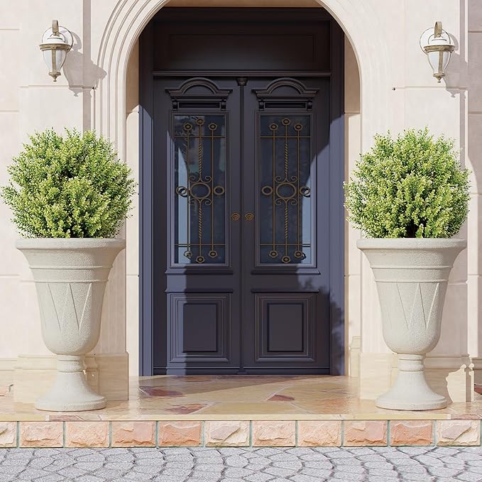 23" Tall Planters for Outdoor Plants Set of 2, Planter with Drainage Holes and Trophy Design, Large Outdoor Planters for Porch, Garden, Beige