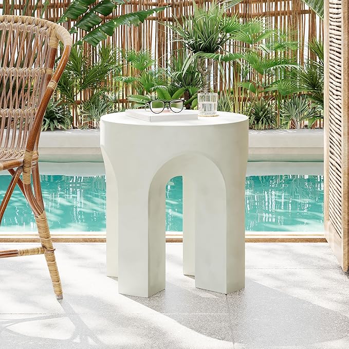 Christopher Knight Home Ottilie Outdoor Side Table, Lightweight Concrete Garden Stool with Four Legs Shaped, Decorative Accent Table Patio End Table for Patio Balcony Beach Pool Side, Antique White