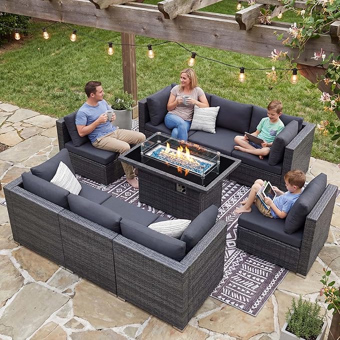 NICESOUL 9 Piece Modern Oversized Outdoor Patio Furniture Set with Firepit Table Propane/Natural Gas, 29.3'' High Back Deep Wide Conversation, Luxury 8 Seats Modular Sectional for Backyard, Gray