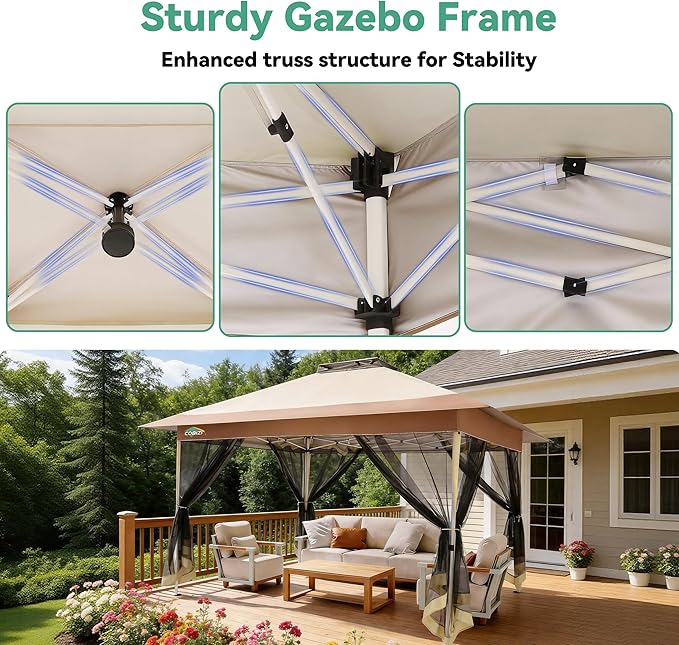 COBIZI 10x15 FT Pop up Gazebo on Clearance - Outdoor pop up Canopy Tent,carpas para Patio, Shelter - Screen Tents with Portable Carry Bag, Patio Gazebos for Camping,Garden,Deck,Backyard,Khaki