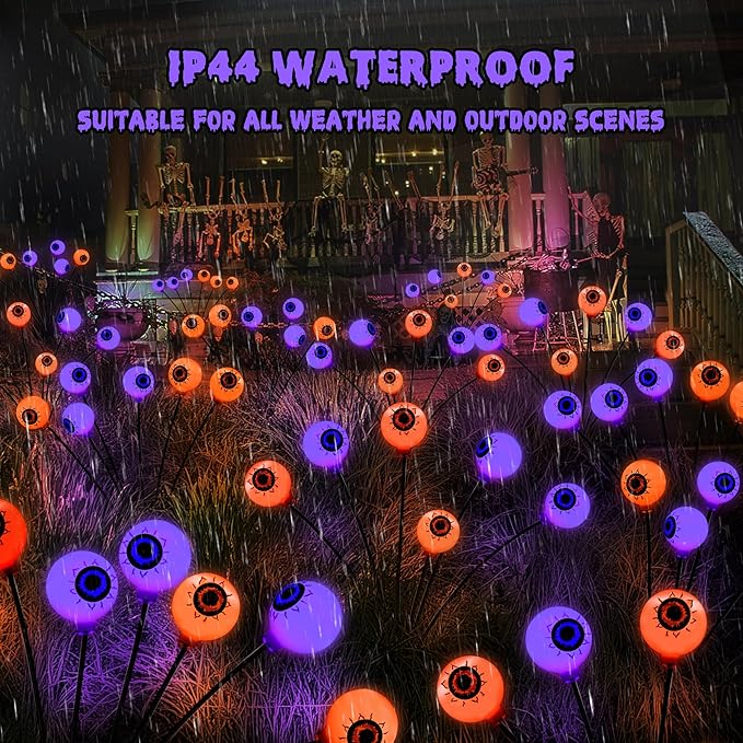 BrizLabs 6 Pack 36 LED Halloween Solar Eyeball Lights, 2 Modes Outdoor Halloween Pathway Lights, Solar Spooky Path Light Waterproof, Swaying Firefly Lighting for Yard Garden Lawn, Orange & Purple
