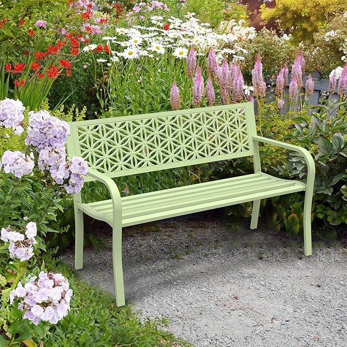 VINGLI 50" Outdoor Bench Metal with Floral Back, Garden Bench Front Porch Bench for Yard Patio Entryway Park Outside, 800lb Capacity - Green