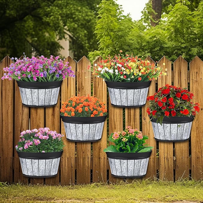 Layhit 6 Pcs Wall Hanging Planters Outdoor Pot Planter Wine Barrel Planter Distressed Oak Thickened Plastic Water Storage Flower Pots for Flower Indoor Outdoor(12 Inches,Wood White)