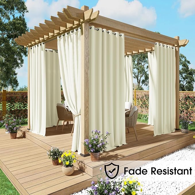NICETOWN Fade Resistant Outdoor Patio Curtains Waterproof 2 Panels, Xenon Arc Tested Grade 4 Fade Proof, W52xL84 in Thermal Insulated UV Protection Drapes for Sunroom & Pergolas, Light Beige