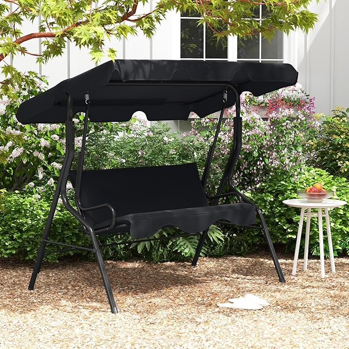 Tangkula 3 Person Porch Swing, Patio Swing with Removable Cushion & Powder-Coated Steel Frame, Outdoor Swing with Canopy for Porch, Backyard, Garden, Balcony (Black)