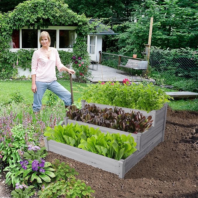 Yaheetech 3 Tier 47 x 47 x 22in Raised Garden Bed Horticulture Outdoor Elevated Flower Box Tiered Garden Bed Wooden Vegetables Growing Planter for Backyard/Patio/Gardener, Gray